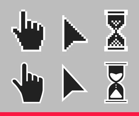Pointer hand, arrow and hourglass loading clock mouse cursors Stock Illustration
