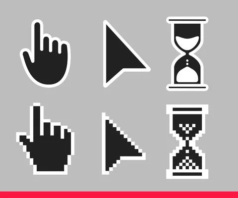 Pointer hand, arrow and hourglass loading clock mouse cursors Illustrazione stock