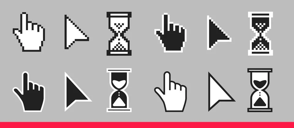 Pointer hand, arrow and hourglass loading clock mouse cursors Illustrazione stock