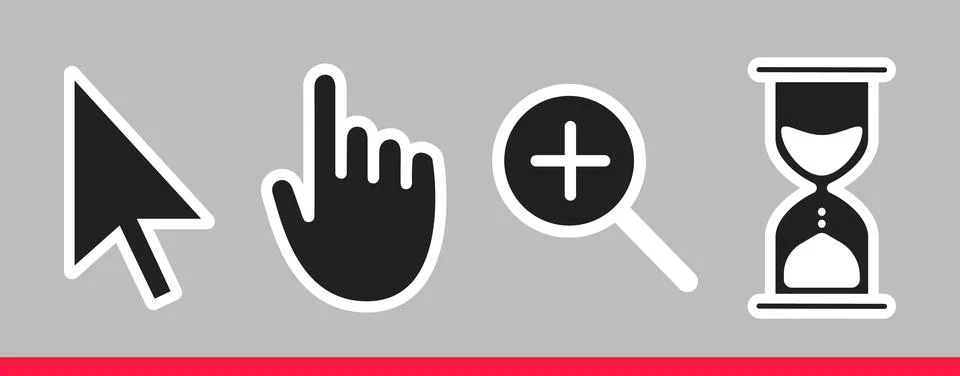 Pointer hand, arrow, hourglass loading clock mouse, magnifier cursors icon sign. Stock Illustration