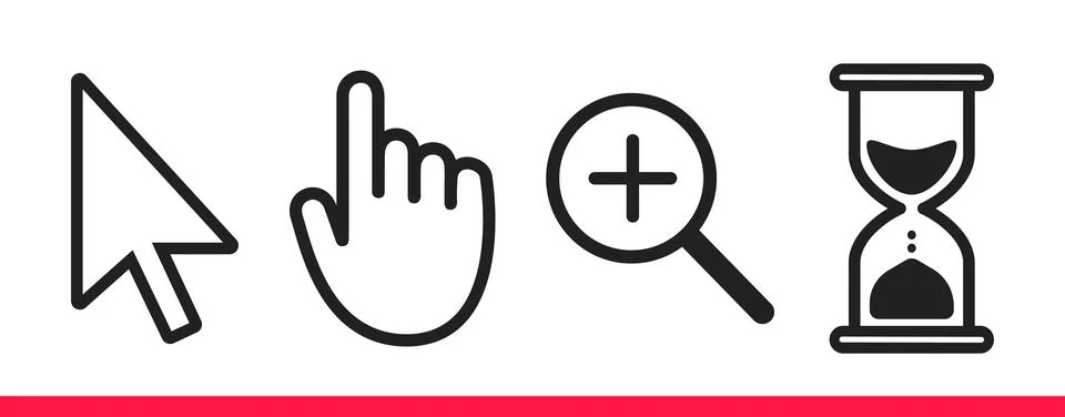 Pointer hand, arrow, hourglass loading clock mouse, magnifier cursors icon sign. Illustrazione stock