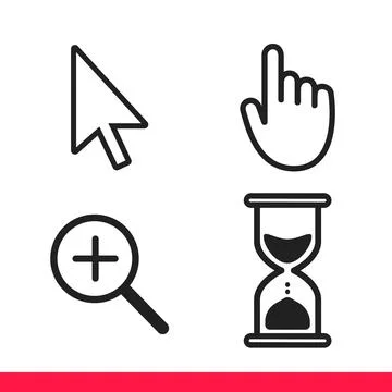 Pointer hand, arrow, hourglass loading clock mouse, magnifier cursors icon sign. Illustrazione stock