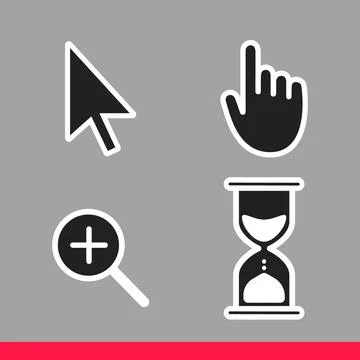 Pointer hand, arrow, hourglass loading clock mouse, magnifier cursors icon sign. Illustrazione stock