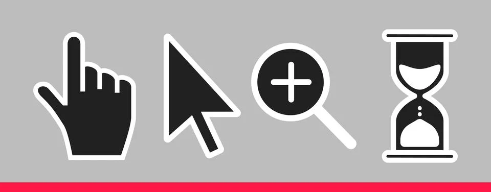 Pointer hand, arrow, hourglass loading clock mouse, magnifier cursors icon sign. Illustrazione stock