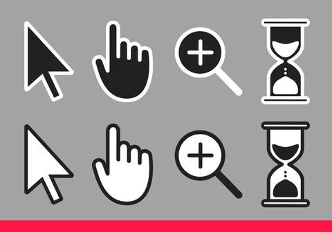 Pointer hand, arrow, hourglass loading clock mouse, magnifier cursors icon sign. Stock Illustration
