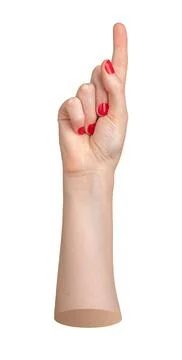 Pointer hand with red nails, the index finger showing upward. Forefinger Stock Photos