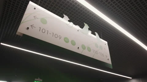 Pointer hanging on grid ceiling in spacious supermarket Stock Footage 218616547