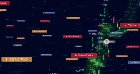 Pointer hovering play-icon activating red playing labels while mesh peaks rising Video stock 317207014