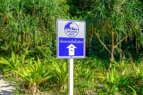Pointer indicating the direction for evacuation from tsunami. Warning sign: T Stock Photos
