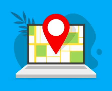 Pointer location and laptop with web map on the monitor. Vector flat illustra 库存插图