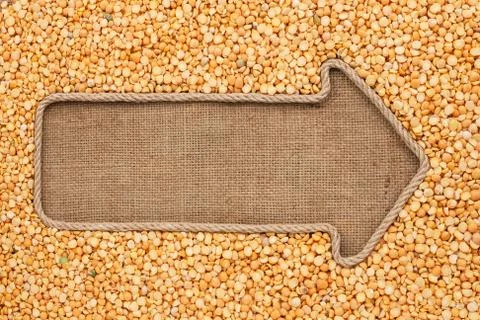 Pointer made from rope with grain peas  lying on sackcloth Stock Photos