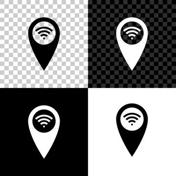 Pointer map with wifi internet signal connection icon isolated on black, white Illustrazione stock
