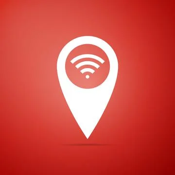 Pointer map with wifi internet signal connection icon isolated on red background Illustrazione stock