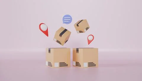 Pointer pin location and Cardboard boxes transportation logistics concept Illustration