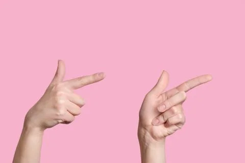 Pointer to the right. Two Caucasian hands indicate the direction to the right. Stock-Fotos