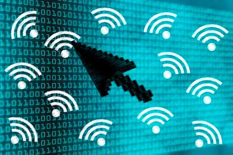 Pointer selecting one wi-fi connection symbol out of a group Illustrazione stock