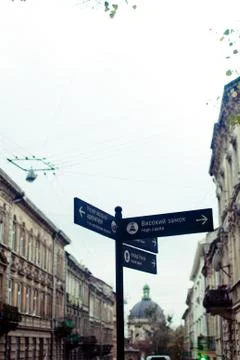 Pointer showing the location of local landmarks in Lviv, Ukraine.  Stock Photos