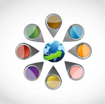 Pointers and locators around a globe. illustration Stock Illustration