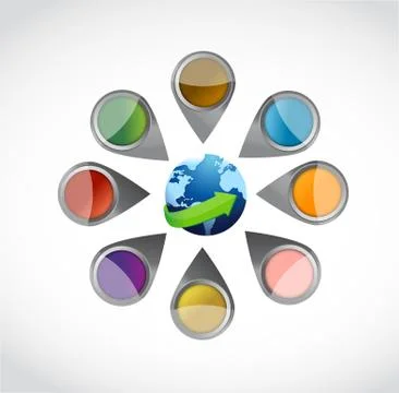 Pointers and locators around a globe. illustration Stock Illustration