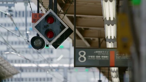 Pointers and traffic lights on railway station in asia Stock Footage 92297452