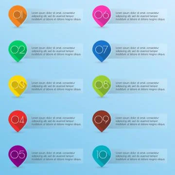 Pointers or map markers with numbers and space for text. Colorful number bullet  Stock Illustration