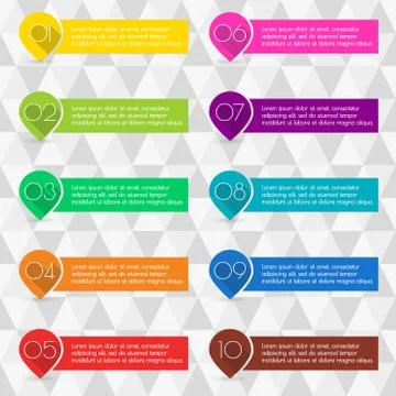 Pointers or map markers with numbers and space for text. Colorful number bullet  Stock Illustration