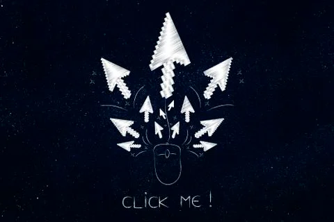 Pointers spreading out of a computer mouse with caption Click Me Stock Illustration