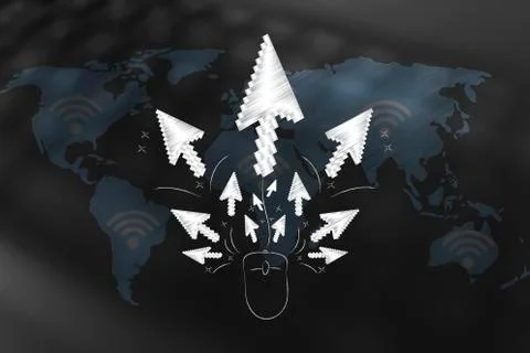 Pointers spreading out of a computer mouse over world map Stock Illustration
