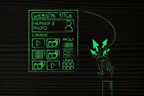 Pointers spreading out of a computer mouse next to a webpage, clickstream con Stock Illustration