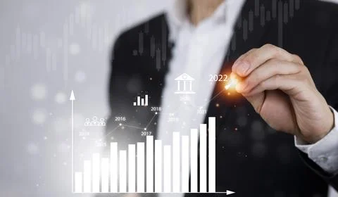 Pointing arrow graph corporate future growth year 2021 to 2022,Business analy Stock Photos