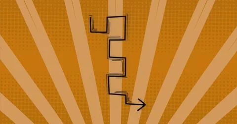 Pointing black zigzag arrow descending then turning right on orange radial Stock Illustration