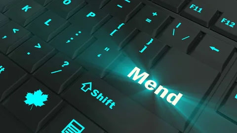 Pointing on blue glowing Mend key Stock Footage 100608413