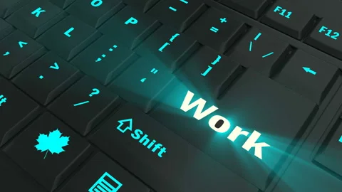 Pointing on blue glowing Work key Stock Footage 100583475