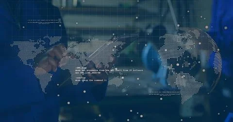 Pointing dark blue suit cuff touching translucent world map at tech office with Stock Photos