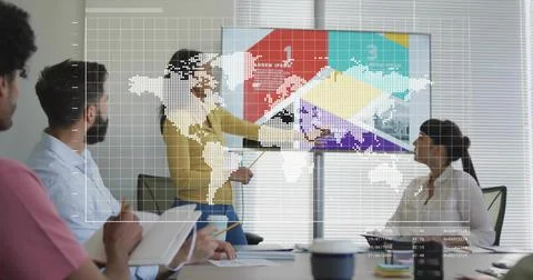 Pointing data specialist presenting chart in office meeting room, with stylus Stock Photos