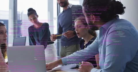 Pointing developer guiding team reviewing code on conference table, with pencil 스톡 사진