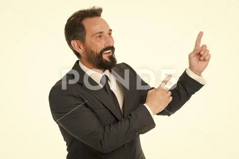 Pointing direction. Man pointing index fingers isolated on white. Man bearded Stock Photos