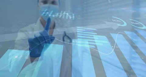 Pointing doctor using hologram display in clinic white lab coat stethoscope blue Stock Photos