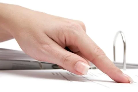 Pointing at a Document Isolated on a White Background Foto stock