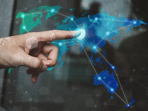 Pointing finger cheerful touchscreen click software business technology dig.. 写真素材