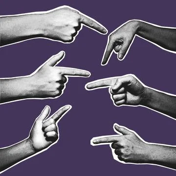 Pointing Finger Hands Halftone Set Purple Background Stock Illustration