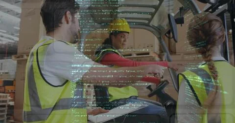 Pointing forklift operator directing team in warehouse with vests, yellow hard Foto stock