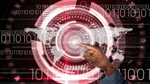 Pointing at futuristic interface, hand over digital world map and binary code Stock Footage 311036574