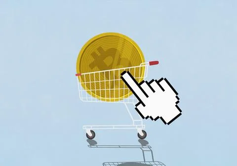 Pointing hand cursor hovering over Bitcoin in shopping cart on blue background Ilustração Stock