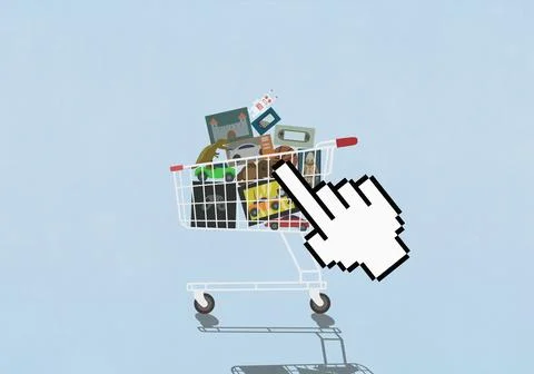 Pointing hand cursor hovering over shopping cart full of toys against blue Ilustração Stock