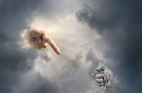 Pointing hand of god with dark clouds Stock Photos