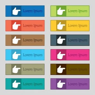 Pointing hand  icon sign. Set of twelve rectangular, colorful, beautiful, hig Stock Illustration
