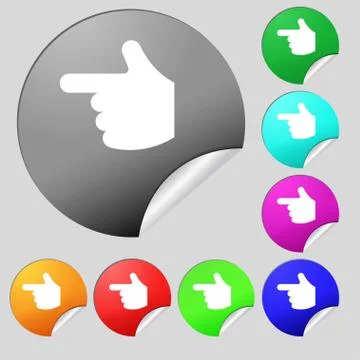 Pointing hand icon sign. Set of eight multi-colored round buttons, stickers. Stock Illustration