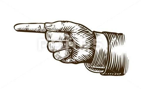 Pointing hand sketch. Forefinger, index finger. Vintage, retro vector Stock Illustration