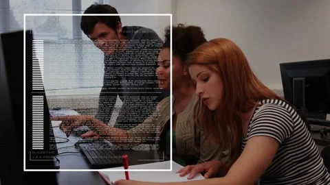 Pointing at keyboard initiating code overlay, students scribbling in notebook Stock Footage 320127702